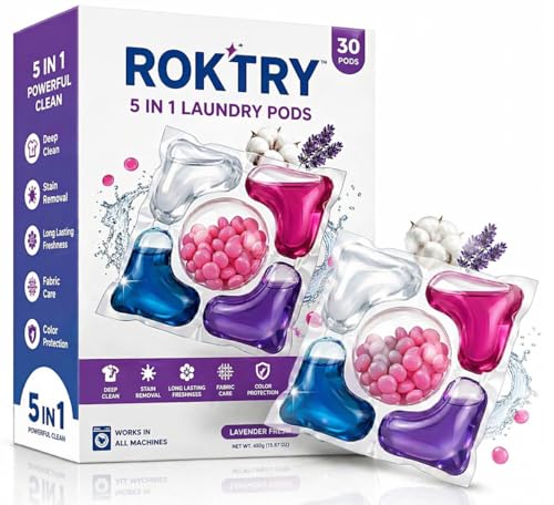 Image of ROKTRY 5-in-1 Laundry Detergent Pods 30 Pods Commercial Mega Pack Ultra Concentrated Washing Capsules Heavy Stain Remover, Cost-Effective & Quick Dissolving Liquid Pods Universal Fit Front & Top Load