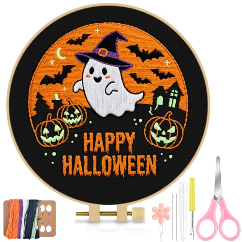 Image of TINDTOP Halloween Embroidery Kit for Adult, Embroidery DIY Starter Kit, with Stamped Patterns, Hoop, Tools, Colorful Threads with Needles, Instructions (Halloween B)