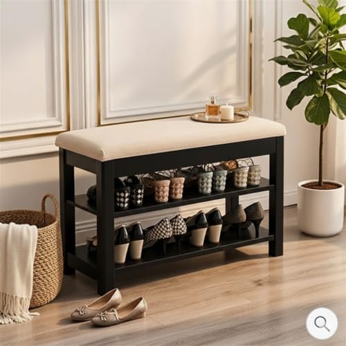 Image of Premium Sheesham Wood Shoe Rack with Upholstered Bench - 2-Tier Solid Wood Entryway Shoe Organizer - Durable Hallway Storage Bench for Living Room & Bedroom (Black, 24inch)