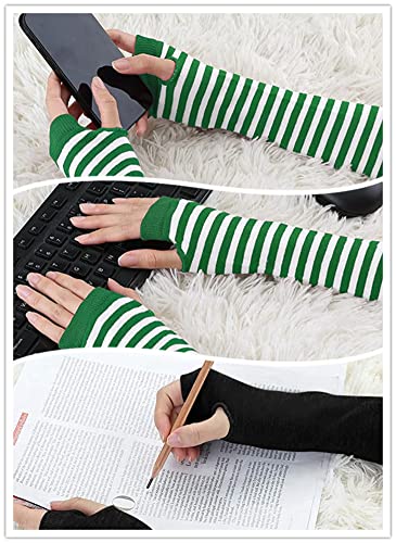 Women Striped Knee High Socks Knit Arm Warmers Long Fingerless Gloves Set2