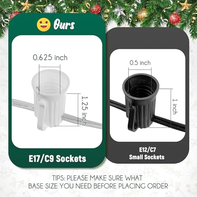 C9 Light Strand, 2 Pack 100 FT Outdoor String Lights Christmas Stringer with 100 Sockets for Christmas Decor Patio, E17 Light Socket, 12 Spacing, White Wire