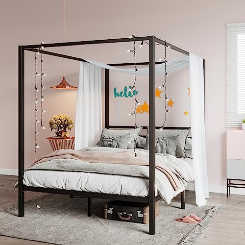 SHA CERLIN Full Size Canopy Bed Frame with Heavy Duty Metal Slats, Black
