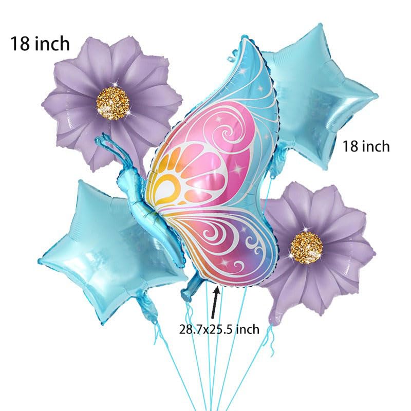 Image of 5 Pcs Butterfly Foil Balloons Blue Suit With Butterfly Flower Pentagram Themed Birthday Party Baby Showers Decorations Supplies