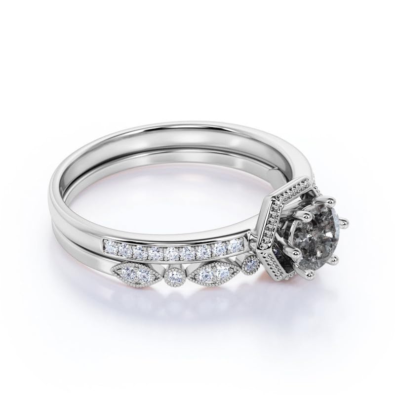 Aihpos Natural Herkimer Diamond Bridal Rings Set for Women - 1.0 Carat Round Cut Salt and Pepper Diamond Ring Set Grey Diamond Engagement Ring Set 10K 14K 18K Gold Promise Ring Set, Size 3-134