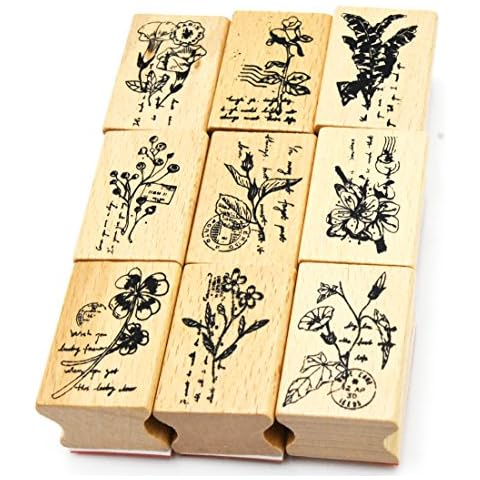 Youkwer 9 Pcs Classical Plants and Flowers Style Beautiful Wooden Rubber Stamps DIY Diary Scrapbook Stamps Set(Set of 9 Different Plants) Cover