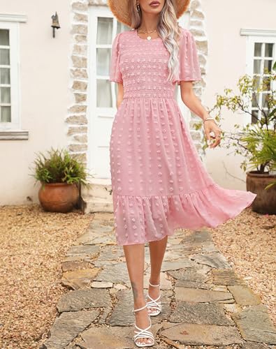 Image of Kranda Women 2025 Summer Spring Round Neck Flutter Short Sleeve Casual Swing Flowy Ruffle Smocked Swiss Dot Midi Dress