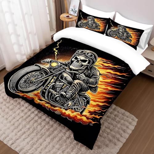 Image of Black Skull Comforter Set King: 1 Comforter 2 Pillowcases, Vintage Motorcycle Skeleton Bedding Set for Boys Adults Men, Halloween Gothic Quilt Bedroom Decor
