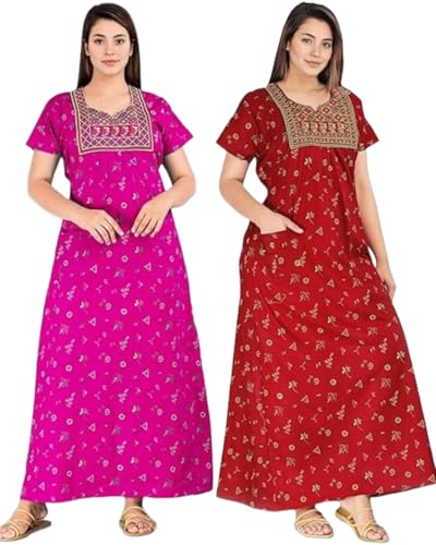 Image of Bresdk Women's Cotton Embroidered Jaipuri Nighty Gown - Pack of 2 Rajasthani Print Maxi Night Dress with Pocket - Soft & Comfortable Ladies Sleepwear & Loungewear