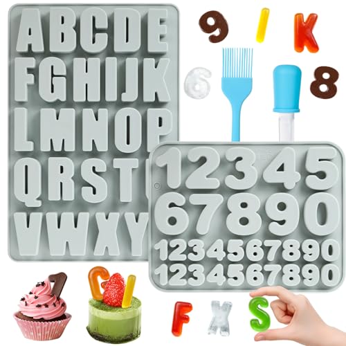 2 Stück Silikonform Buchstaben und Silikonform Zahlen A-Z & 0-9 Groß Buchstaben Zahlen Backform mit Liquid Dropper und Silikonbürsten 3D Silikonformen Gießformen für Kuchen Keks und SüßIgkeiten