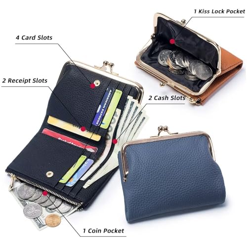 Women's Small Wallet for Women Retro Leather Credit Card Case Biford Change Wallet with Card Slots and Zipper Pocket, Pebble Leather-black, One Size4