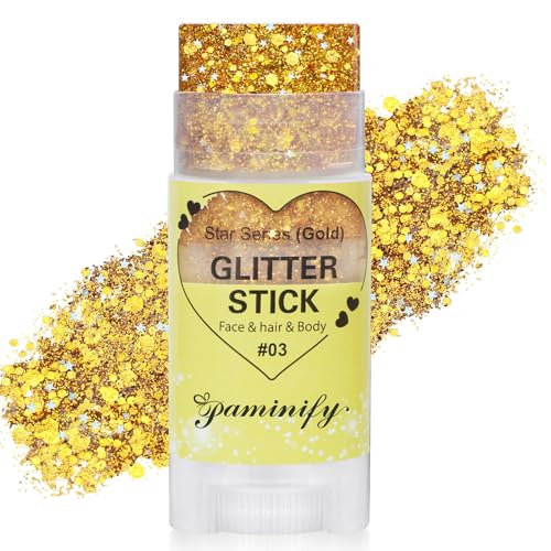 Paminify Gold Hair Glitter Stick Gold Yellow Body Face Glitter Makeup Rave Mardi Gras Accessories Carnival Holographic Sequins Singer Concert Outfits for Women Waterproof Shimmer Body Face Paint