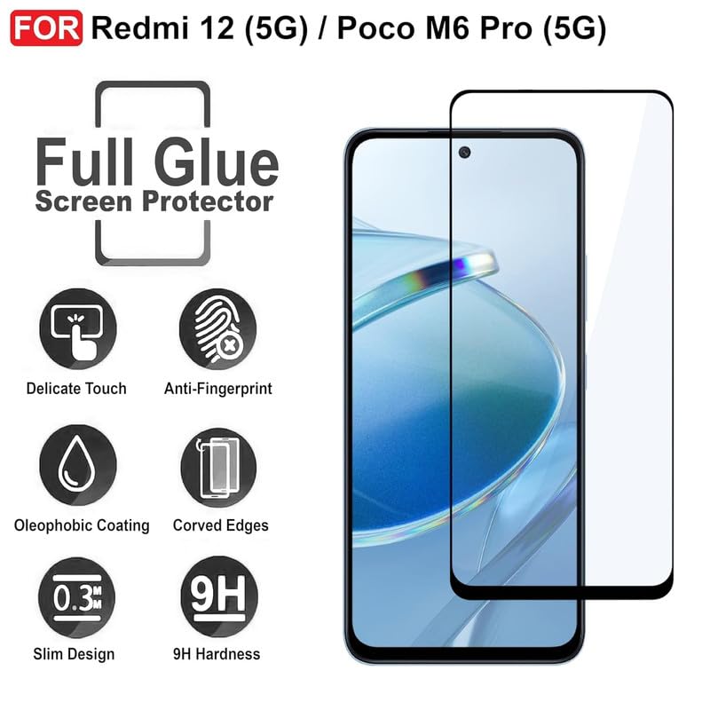 Image of Edge To Edge Tempered Glass For Redmi 12 5G / Redmi 12 / Poco m6 proWith Easy Self Installation Kit
