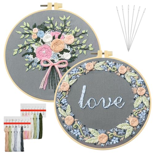 AUAUY Kit de Démarrage de Broderie, 2 Pièces DIY Point de Croix Broderie Starter kit avec Instructions, Plantes Fleurs Fils à Broder Kit Broderie Debutant pour...