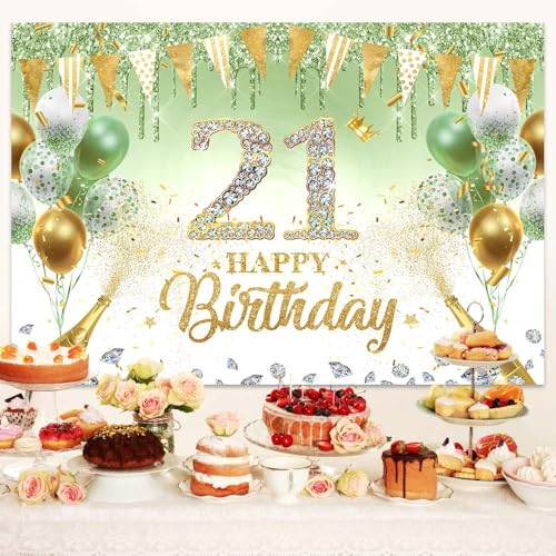 Image of 21st Birthday Decorations Banner for her - 71 x 43 Inch Sage Green Birthday Backdrop for Girls Women Photography Supplies Balloons Background Happy 21st Party Yard Sign Banner Photo Booth Props