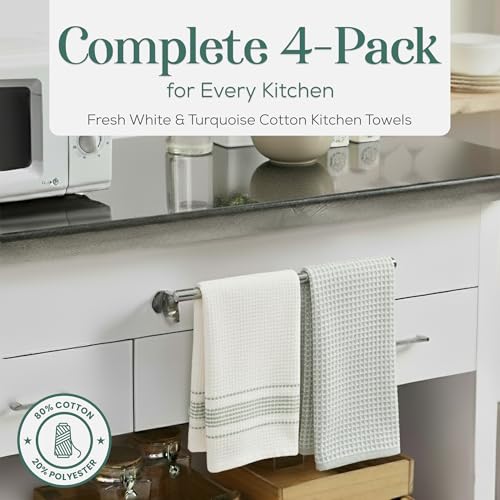 Image of Kitchen Towels, Cotton Hand Towels White & Turquoise Mini Weaved Stitched Design 4 Pack Absorbent Hand Drying Cloths, 18 x 28 Kitchen Linens