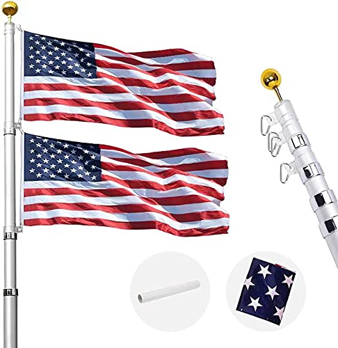 Klvied 25FT Telescoping Flag Pole, Heavy Duty 16 Gauge Aluminum Flagpole Kit Fly 2 Flags, Outdoor Inground Flag Pole with 3x5 America Flag, Golden Ball Top for Commercial, Residential, Outdoor Use