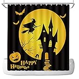 DePhoto Halloween Shower Curtain for Bathroom Scary Witch Ride Broom Fly Over Castle Horrifying Moon Bat Black cat Dead Tree Poliester Fabric Decoration Water Proof with 12Hooks 72x72inch