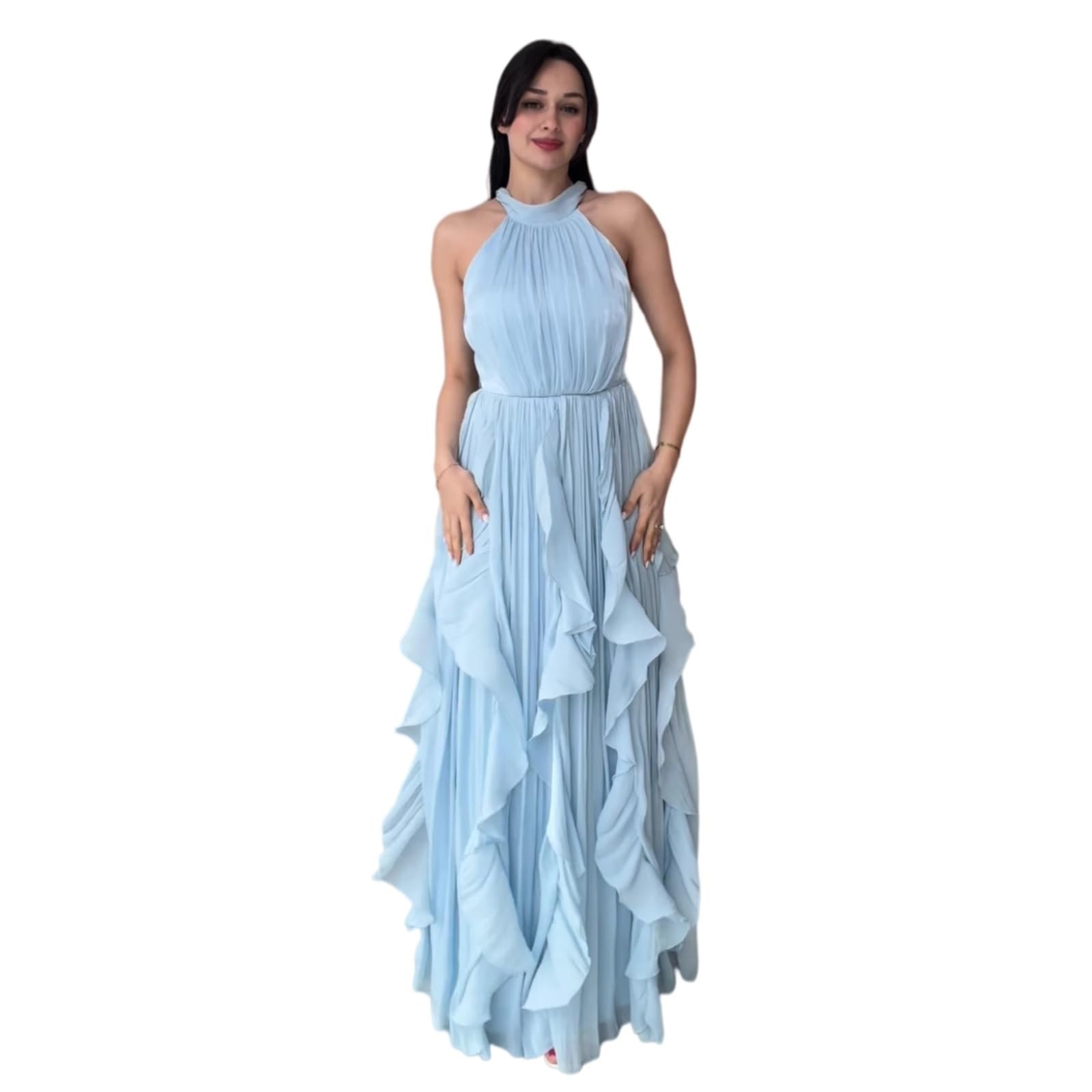 Vestito Donne Halter Maxi Abito Una Linea Senza Maniche Alta Vita Ruffle Hem Elegante Serata Festa Lungo Abito-Wine Red-XS