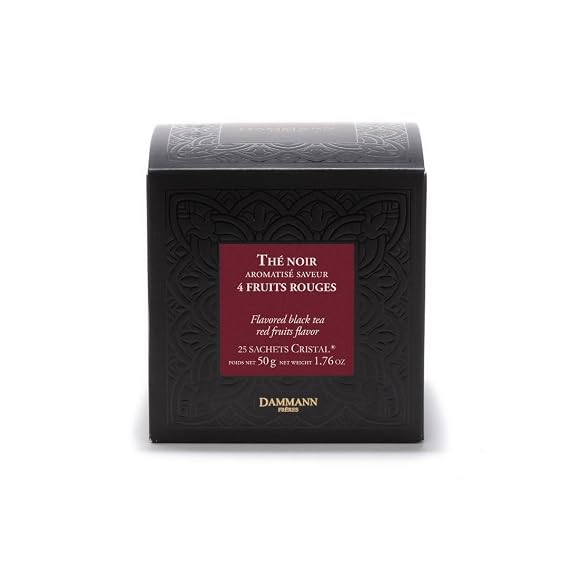 Dammann Freres Sachets, Quatre Fruits Rouges Tea Bags, Premium Gourmet French Black Tea, Blend Strawberry, Cherry, Raspberry, Red Currant Flavors, 25 Count (Single Pack)