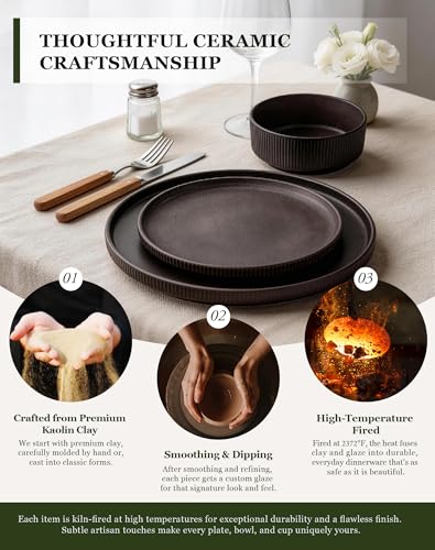Image of OTAGO 24-Piece Dinnerware Set for 6 with Mugs, Ribbed Stoneware Plates and Bowls Sets, Unique Handcrafted Reactive Glaze, Chip and Scratch Resistant Dish Set, Microwave & Dishwasher Safe, Black