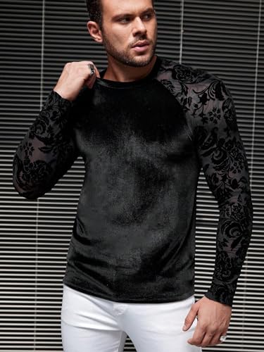 WDIRARA Men's Floral Lace Mesh Fleece Fuzzy T-Shirt Crewneck Raglan Long Sleeve Casual Tee Tops3
