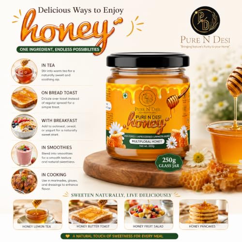 Image of PURE N DESI 100% Pure Organic Honey - 250g | Row Honey for Fitness & Health | Natural Immunity Booster | 100% Indigenous | Rich in Antioxidants & Minerals