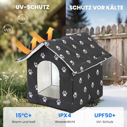 Katzenhaus Outdoor Winterfest, Katzenhöhle für Draußen, Katzenhaus Für Draußen Wasserdicht, Kombiniert isolierte Aluminiumfolie Mit abnehmbarem Transparentem Vorhang (L, Black)