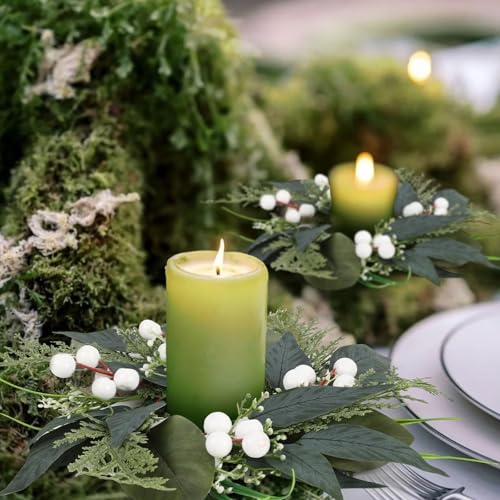 Image of 6 PCS 3 Inch Spring Summer Candle Rings Wreaths Mini Green Candle Rings Wreath Artificial Wreath with Eucalyptus Leaves and White Berries for Wedding Party Table Farmhouse Home Decorations