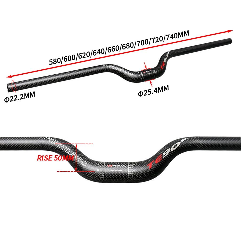 FukkeR Vélo VTT Riser Guidon 25.4mm Guidolines de Montagne en Fibre de Carbone 580/600/620/640/660/680/700/720/740mm Barre for DH XC AM FR Rise 50mm(720mm)