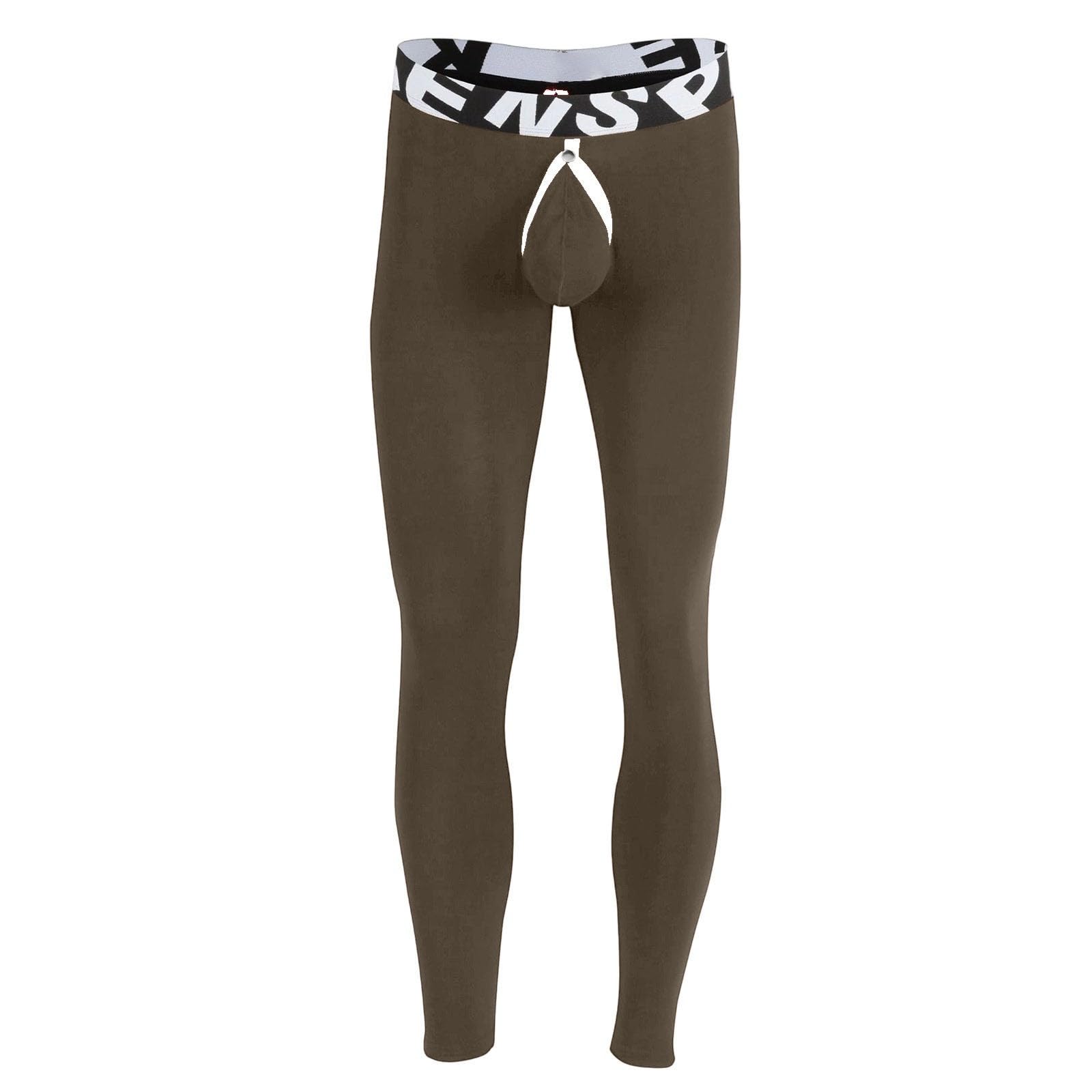 Tobysper Long Underpants Men's Cotton Thermal Leggings Men's Sports Leggings Front Open Pouch Tights with Fly Thermal Underwear Sexy Separate Underwear for Fitness Jogging, O coffee., XL