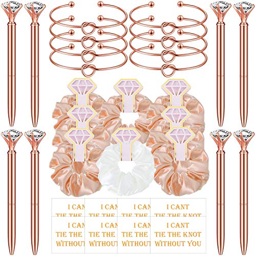 8 Sets Bridesmaid Proposal Accessories, 8 Satin Hair Scrunchies Bridal Shower Hair Band 8 Bracelet 8 Rose Gold Diamond Pen with 8 Bridesmaid Card for Bridesmaid Wedding (White, Rose Gold Scrunchies)