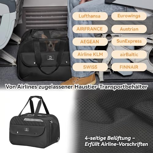 A 4 PET Transportbox Katze, Hundetasche Flugzeug für Kabine/Auto, Leicht Hunde Flugtasche mit patentieren Sicherheit Schnallen/4 Mesh/Aufbewahrungstasche, Schwarz