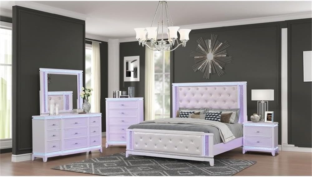 Pemberly Row Modern King 4PC Storage Bedroom Set, Solid and Manufactured Wood, Milky White Finish, LED Lighting, Crystal Accents, Dresser, Mirror, Chest, Nightstand, Button Tufted Headboard