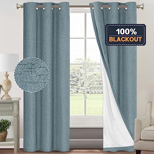 Image of PrinceDeco 100% Blackout Linen Textured Curtains for Bedroom Linen Blackout Curtains 84 Inches Length 2 Panels Set Noice Reducing Soundproof Window Treatment Drapes with White Liner,Stone Blue