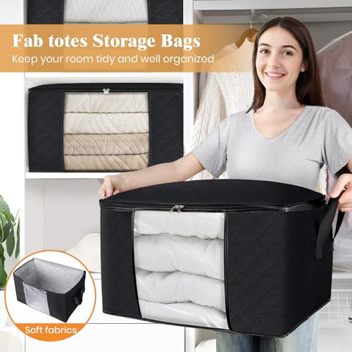 Image of Fab totes 10 Pack Clothes Storage, Foldable Thick Fabric Blanket Storage Bags, Containers for Organizing Bedroom, Closet, Clothing, Comforter,Closet Organization with Handle,Black