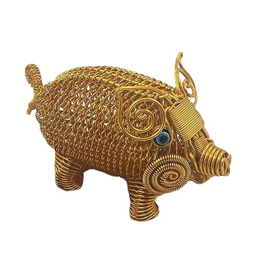 DTSFHTDAL 1PCS Aluminum Wire Gold Pig Statue-Handicraft Weaving-Aluminum Crafts-Gold Craft Wire-Metal Animal Statue-Feng Shui Statue-Desk Decoration for Office Home, Best Gift