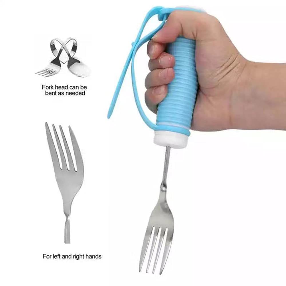 Kit Adaptable de Tenedor Y Cuchara para Temblores de Mano Cubiertos Flexibles con Cinturón de Mano Vajilla Antivibraciones de Ayuda para Pacientes de Edad Avanzada Y con Parkinson