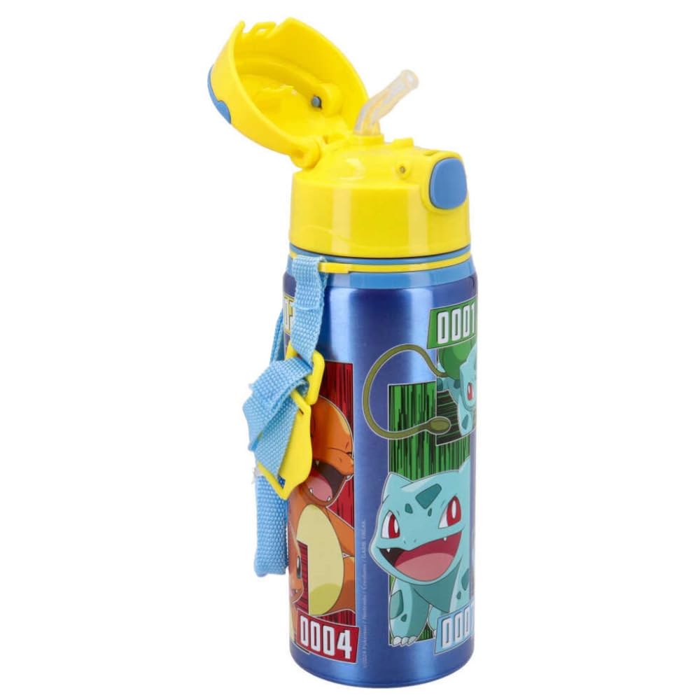 Botella de aluminio con pajita 600 ml botella con apertura automática para niños (Pokémon)