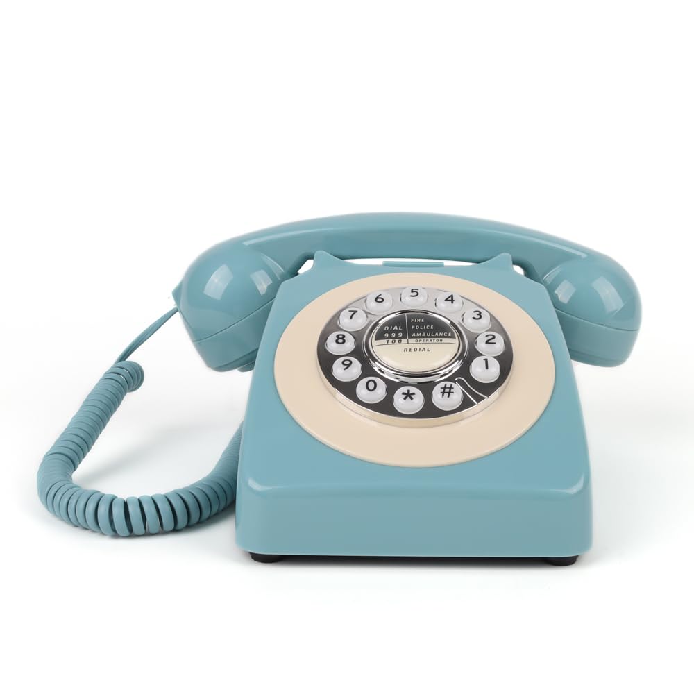 Retro Drehtelefon mit Drucktaste, Festnetztelefon mit Wahlwiederholungstaste, klassisches Vintage-Wähltelefon, antikes schnurgebundenes Telefon für Zuhause und Büro (Blau)
