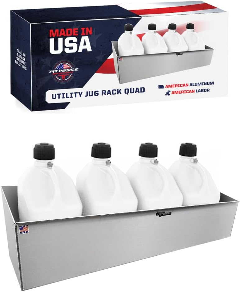 Pit Posse 431 Utility Fuel Jug Rack Holder Shelf 46" Fits 4 Five Gallon Jugs - Made in USA - Enclosed Race Trailer Garage Shop Aluminum Quad Four Mount Storage Organizer (Silver)