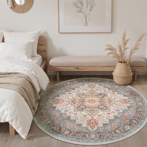 GENIMO Vintage Blau Teppich Rund 200cm Waschbar & rutschfest – Ansicht 8