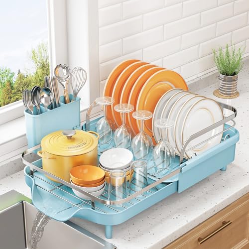 Image of SNTD Dish Drying Rack, Expandable Dish Rack for Kitchen Counter, Stainless Steel Dish Drainer with Drainboard Set and Utensil Holder (Blue)