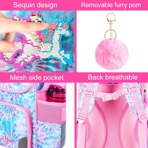 Image of HPJGD Tie-Dye Unicron Backpack for Girls, 15 inch Sequins Preschool Bookbag with Lunch Box for Kids, 3PCS Shcool Bag Set for Elementary Toddler