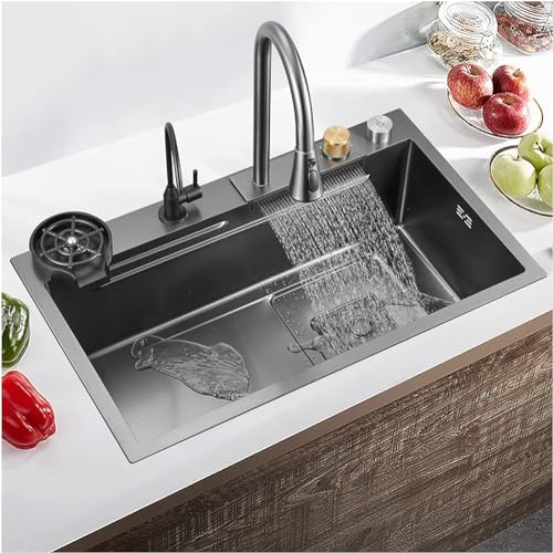 Fregadero De Cocina De Acero Inoxidable 304 Negro Nano Raindance Waterfall Fregadero De Encimera De Encastre/Bajo Encimera Fregaderos Utilitarios Para Un Lavadero Fregadero De Barra Moderno Con Lavap