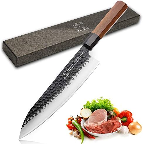 FAMCÜTE 8 Inch Japanese Chef Knife, 3 Layer 9CR18MOV Clad Steel w/octagon Handle Gyuto Sushi Knife for Home Kitchen & Restaurant
