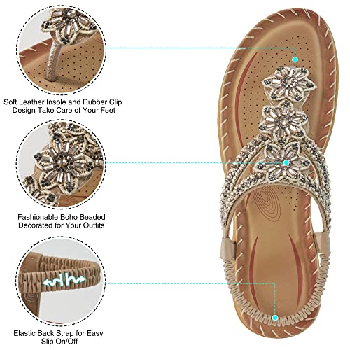Almusen Sandals For Women Comfortable Flats Shoes With Elastic Ankle Strap Gladiator Bohemian Beaded Dress Shoe Outdoor Non Slip Beach Clip Toe Summer Sandal #TOP2
