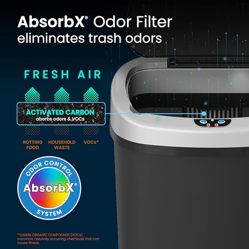 Image of iTouchless 13 Gallon Sensor Kitchen Trash Can with Lid and Odor Filter, Durable Dent-Proof Automatic Waste Basket Garbage Bin Great for Home, Office, Business, Slim Space-Saving, Oval, Black Plastic