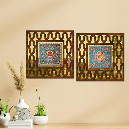 Image of Wooden Turkish Mirror Wall Decor Panel for Home Decor Living Room Bed Room Office (AD7, 12X12 Inches, Set of 2)