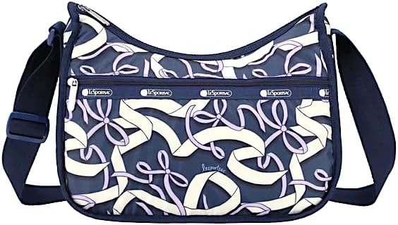 LeSportsac Hope Ribbons Classic Hobo Crossbody Bag + Cosmetic Bag, Style 7520/Color E779, Artful Lilac Bows & Graceful White Ribbons Elegantly Arranged on Classic Navy Blue Bag