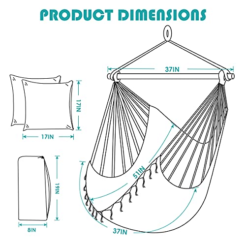 Hammock Swing Chair, Hanging Chair with Pocket, Detachable Steel Support Bar, 500lbs Capacity, Cotton Weave Hammock Chair, 2 Soft Cushions Indoor and Outdoor Grey